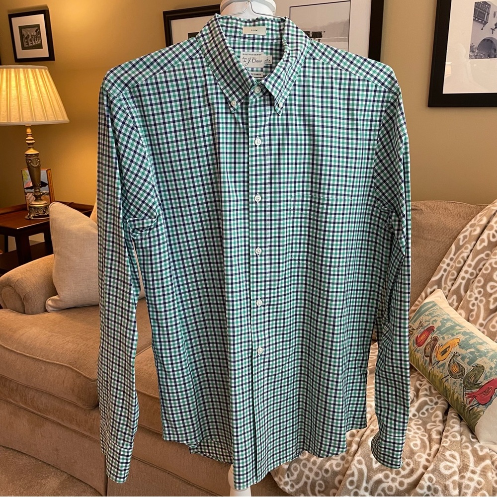 J Crew Slim Blue Green Check Plaid Long Sleeve Button Down Shirt Men’s Size L